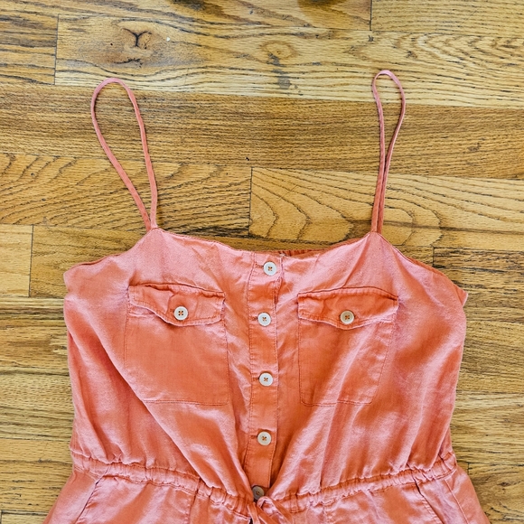 Mango Size XL 100% Linen Romper Orange Tie Waist Utility Pockets Tank Buttons - Picture 4 of 8
